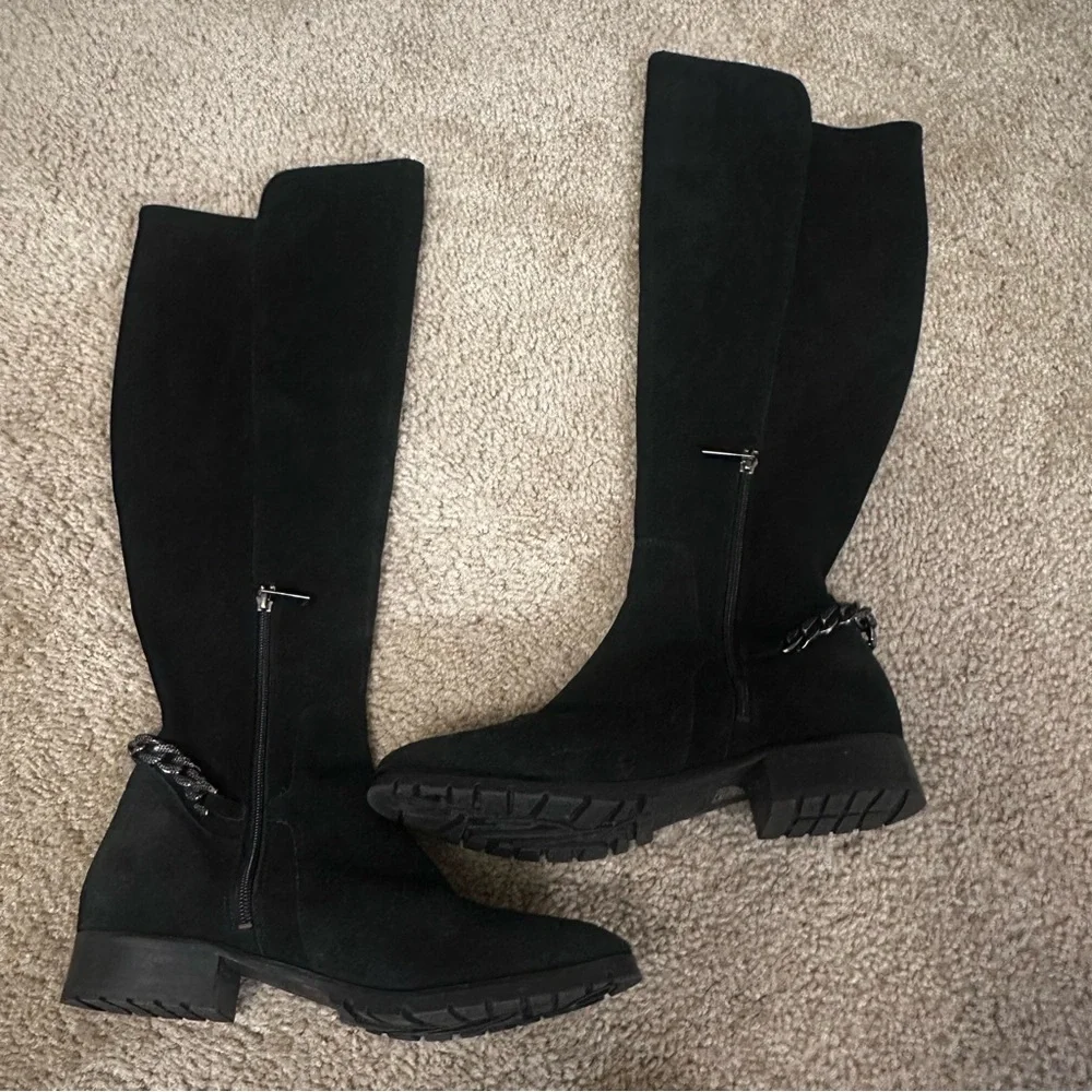 Karl Lagerfeld Paris Shay Black Suede Knee High Chain Boots Women Size 10